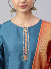 Teal Poly Silk Embellished Kurta with Pant and Dupatta