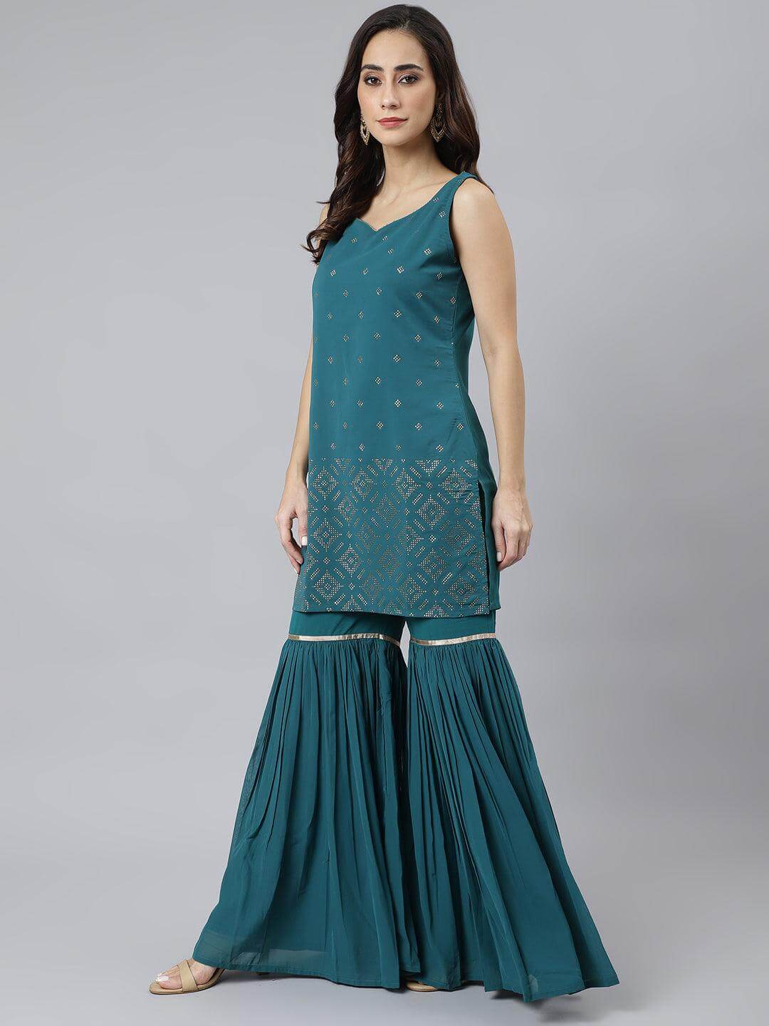 Teal Georgette Embossed Gold Print Top with Gharara and Dupatta