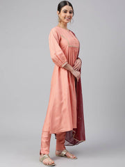 Peach Poly Silk Solid Kurta with Pant and Dupatta