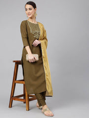 Olive Poly Silk Solid Kurta with Pant and Dupatta