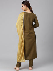 Olive Poly Silk Solid Kurta with Pant and Dupatta