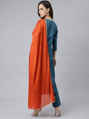 Teal Poly Silk Solid Kurta with Pant and Dupatta