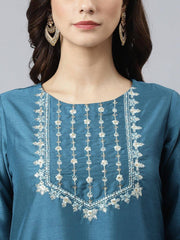 Teal Poly Silk Solid Kurta with Pant and Dupatta