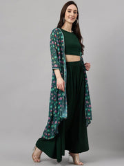 Women's Green Crepe Solid Crop Top with Skirt and Jacket