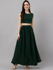 Women's Green Crepe Solid Crop Top with Skirt and Jacket
