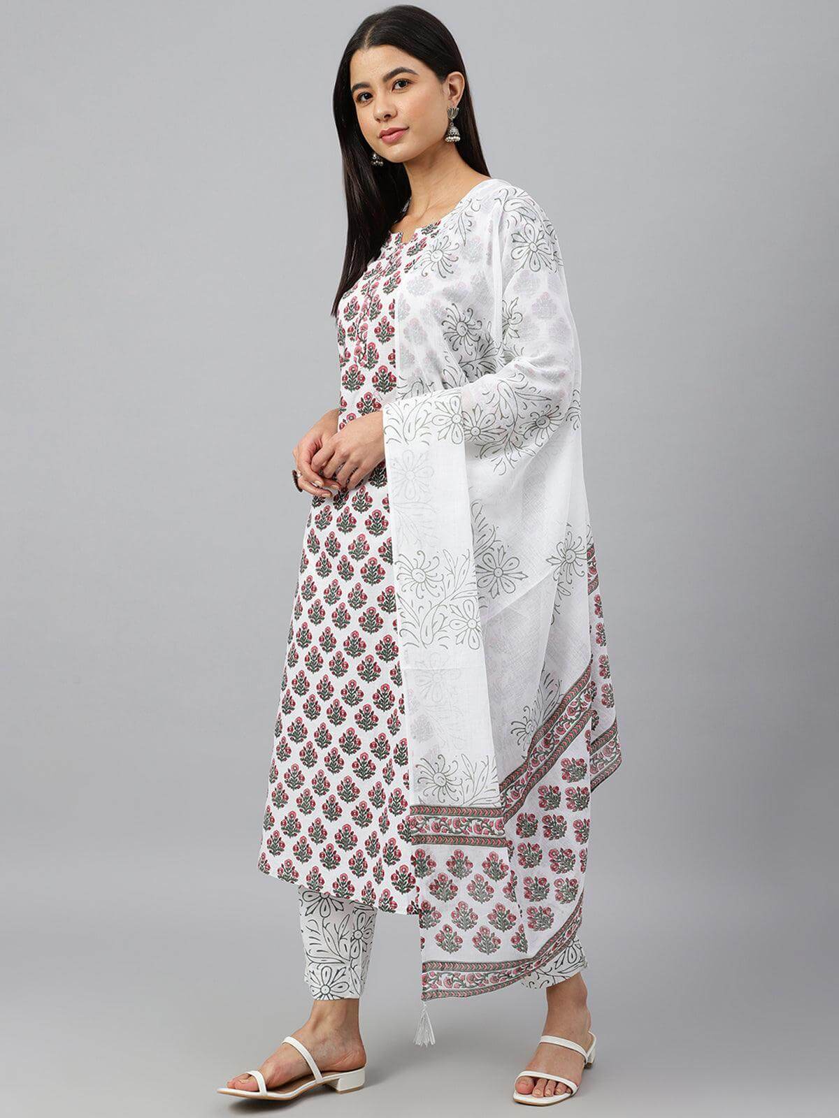 White Cotton Floral Block Print Kurta with Pant and Dupatta