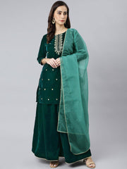 Women's-Dark-Green-Velvet-Floral-Embroidery-Kurta-with-Flared-Palazzo-and-Dupatta