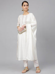 White Poly Silk Solid Kurta with Pant and Dupatta