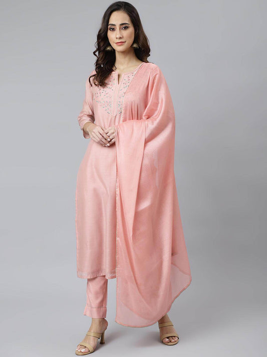 Baby Pink Poly Silk Solid Kurta with Pant and Dupatta