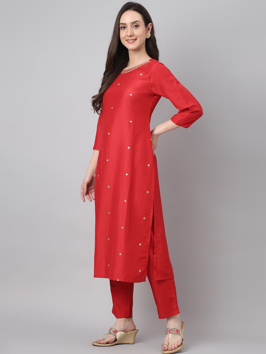 Women's Red Chinon Embroidered Kurta with Pant and Dupatta