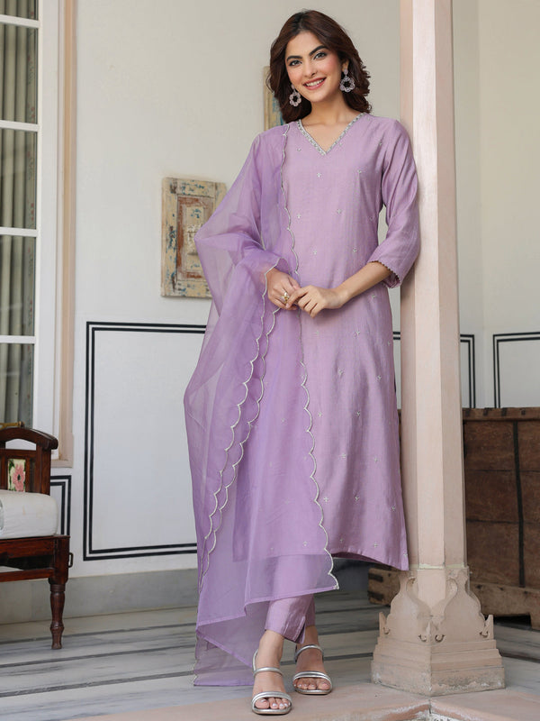 Lavender Embellished Chinon Sharara Suit With Dupatta main image 0