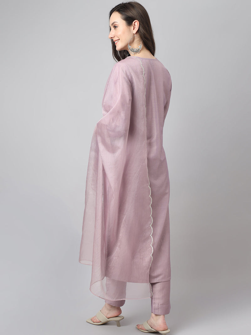Orange Embroidered Chinon Straight Kurta Palazzos With Dupatta
