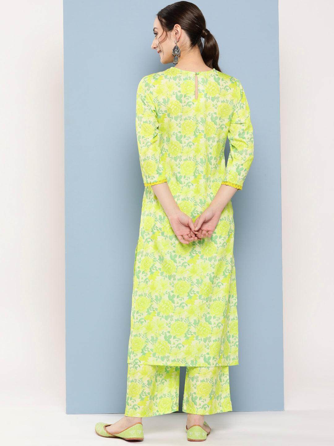 Fitoor Lemon Green Cotton Printed Kurti with multicolour Cotton Pant |  Bhadar