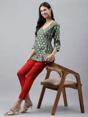 Green Crepe Foil Printed Top with Pant