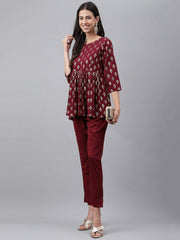 Wine Crepe Foil Printed Top with Pant