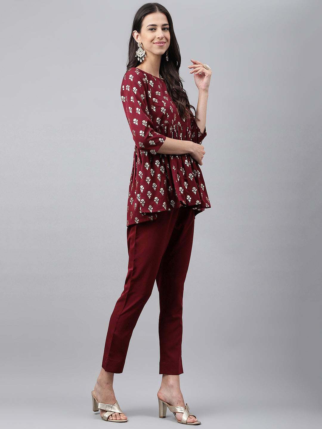 Wine Crepe Foil Printed Top with Pant