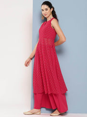 Pink Georgette Foil Printed Kurta with Flared Palazzo