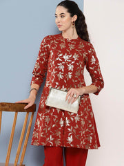 Brick Red Crepe Foil Printed Tunic with Tulip Pant