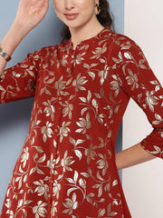 Brick Red Crepe Foil Printed Tunic with Tulip Pant