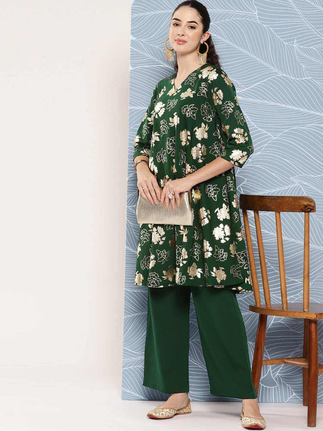 Bottle Green Crepe Foil Printed Short Kurta with Palazzo
