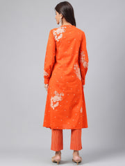 Orange Cotton Floral Printed Kurta with Pants