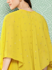 Yellow Crepe Solid Top with Palazzo and Cape