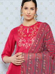 Pink Crepe Silk Yoke Embroidered Solid Kurta with Pant and Dupatta