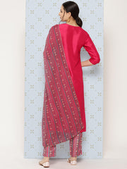 Pink Crepe Silk Yoke Embroidered Solid Kurta with Pant and Dupatta