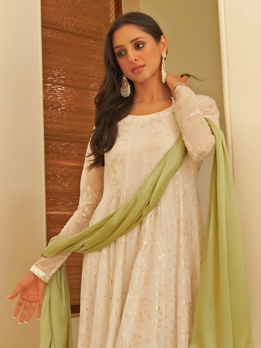 White Chiffon Lurex Foil Printed Kurta and Dupatta