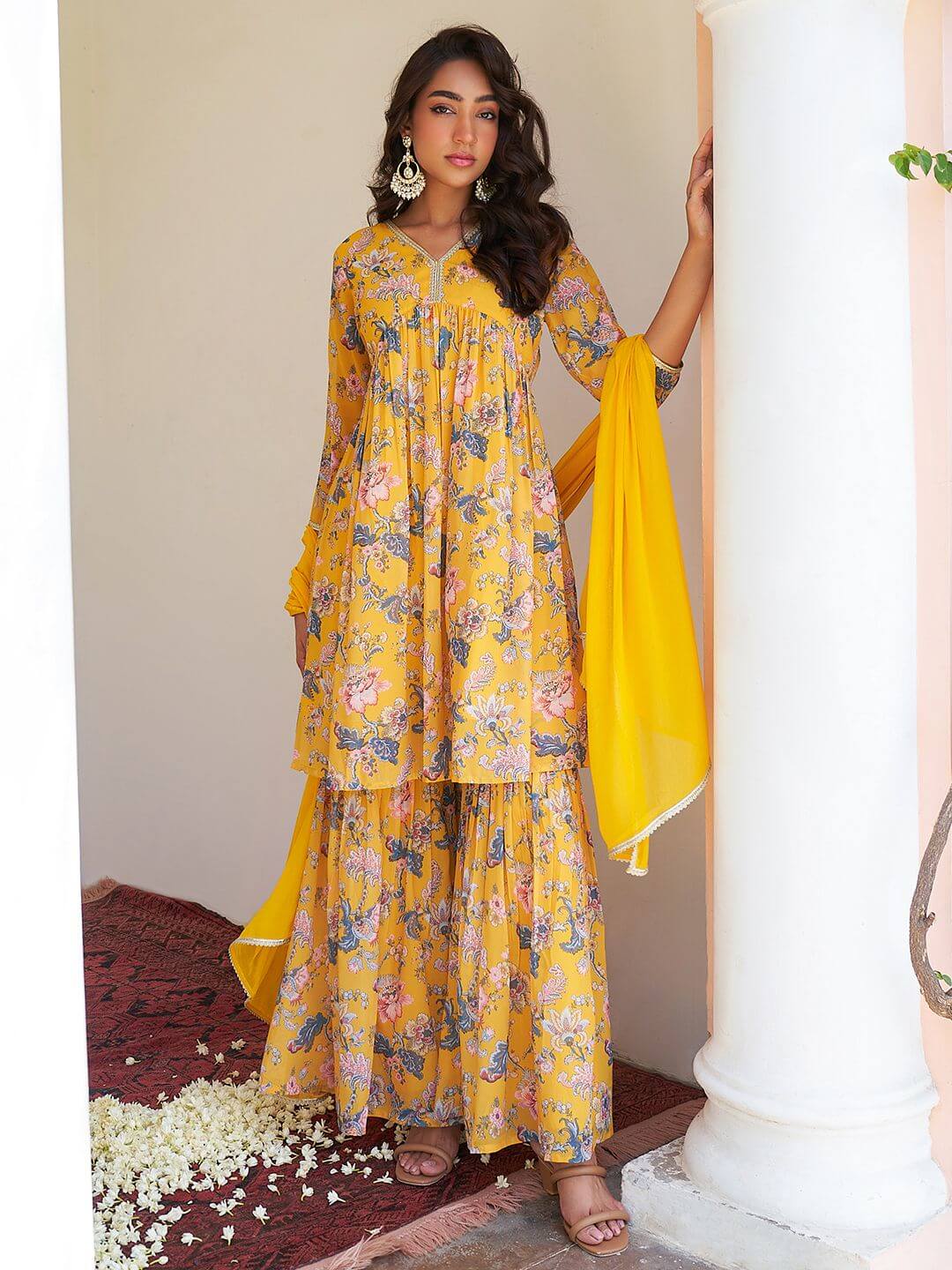 Yellow Georgette Digital Floral Printed Kurta Sharara Set