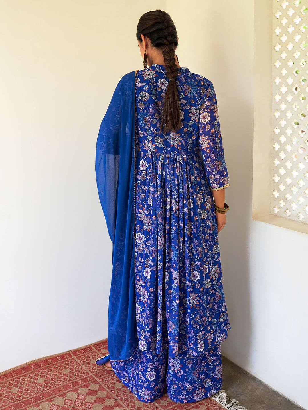 Blue Georgette Floral Kurta Palazzo Set