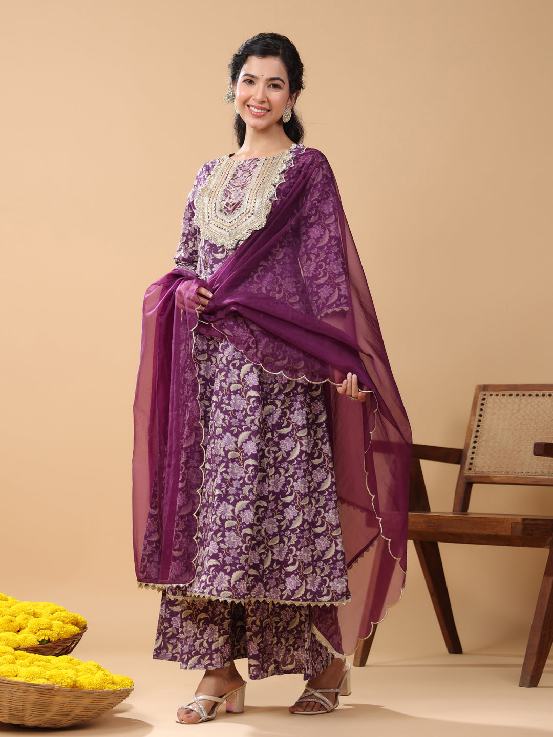 Violet Cotton Foil Floral Printed Kurta with Palazzo and Dupatta