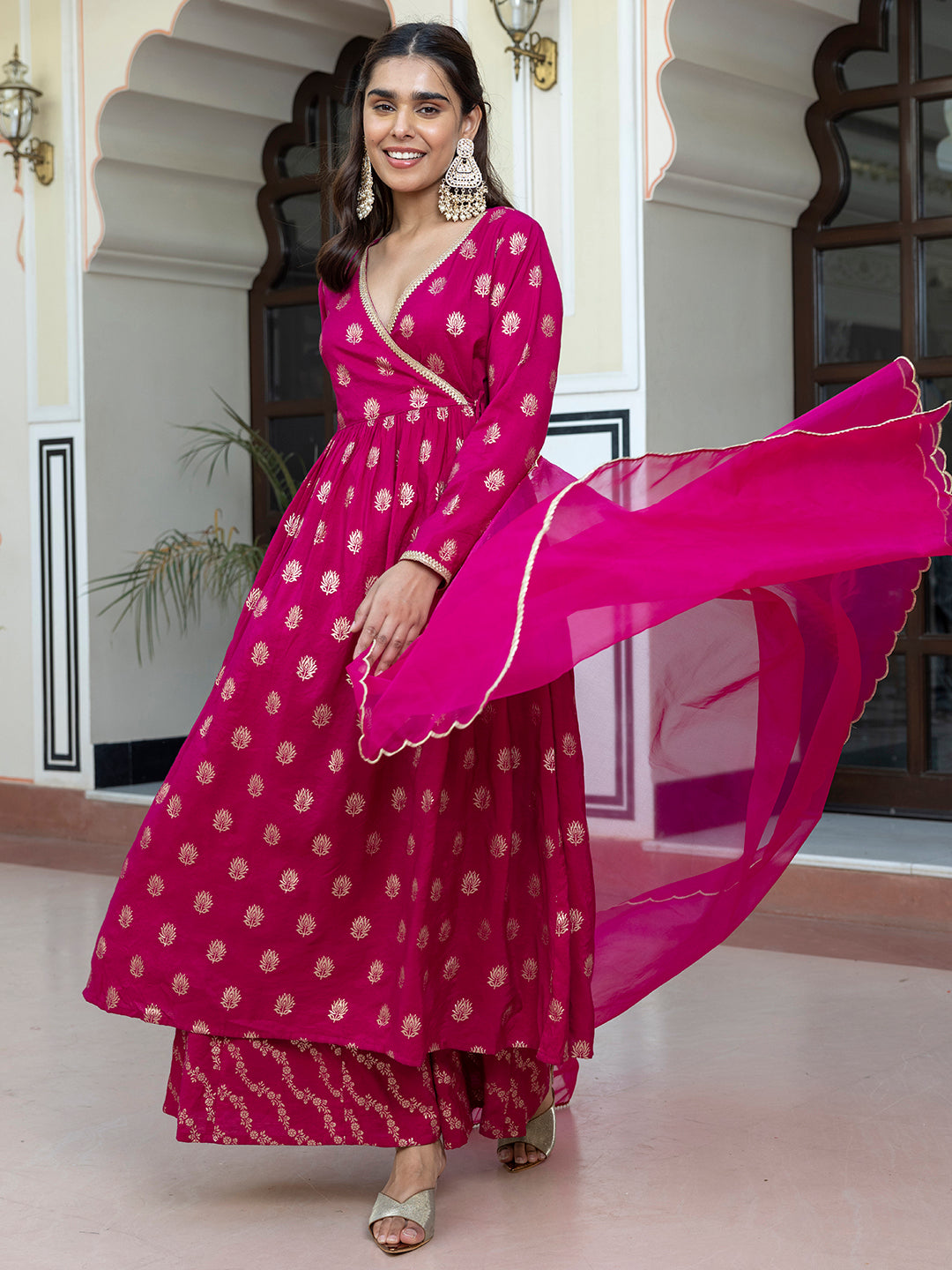 Pink Brocade Woven Design Kurta with Palazzo and Dupatta