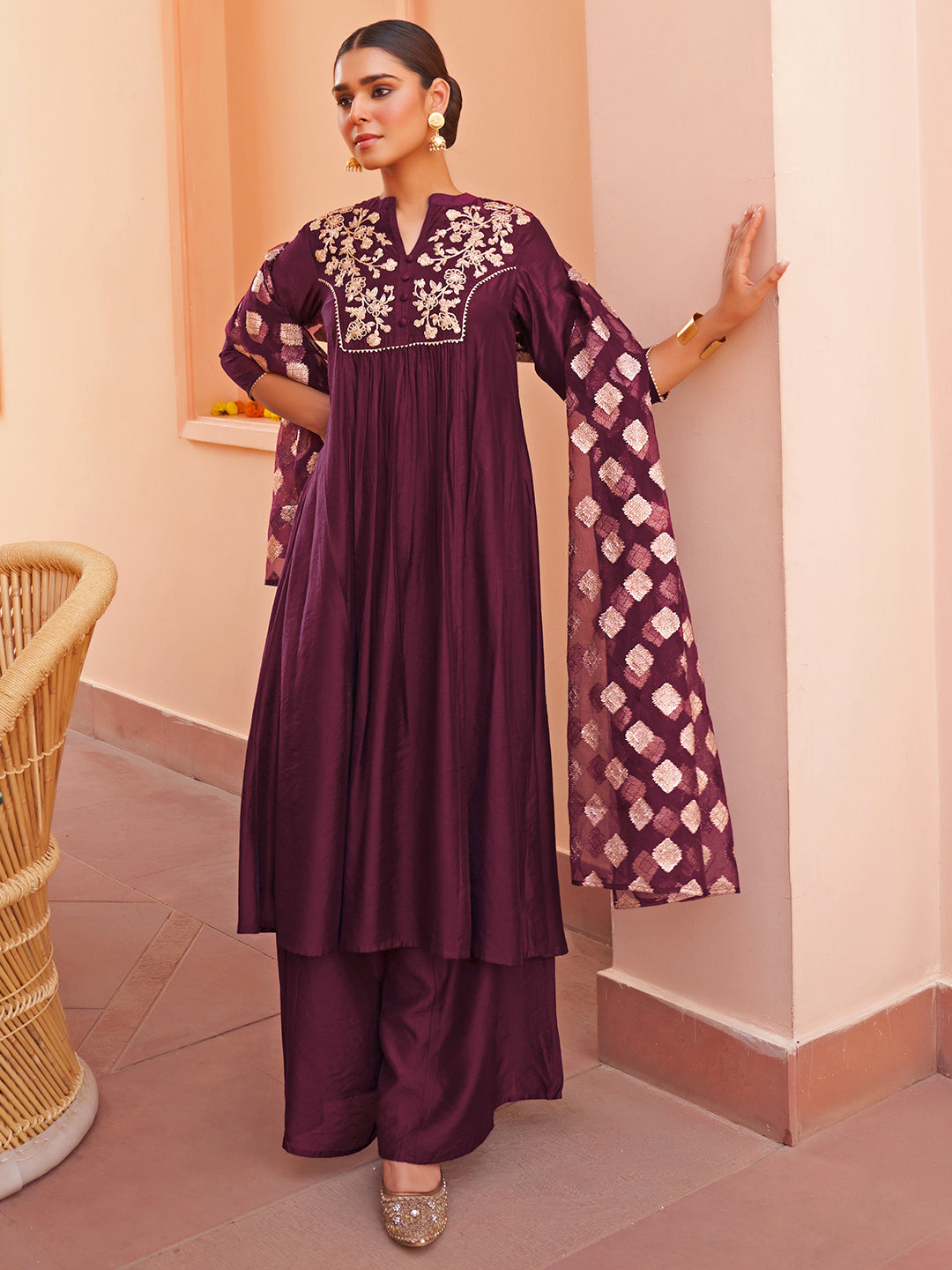 Purple Chanderi Embellished Kurta with Palazzo and Dupatta