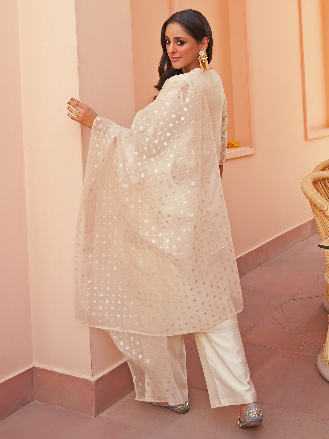 Off White Chanderi Yoke Embroidery Kurta with Palazzo and Dupatta