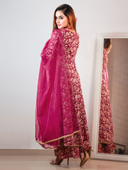 Pink Cotton Foil Floral Printed Kurta with Palazzo and Dupatta