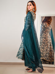 Teal Cotton Foil Floral Printed Kurta with Palazzo and Dupatta