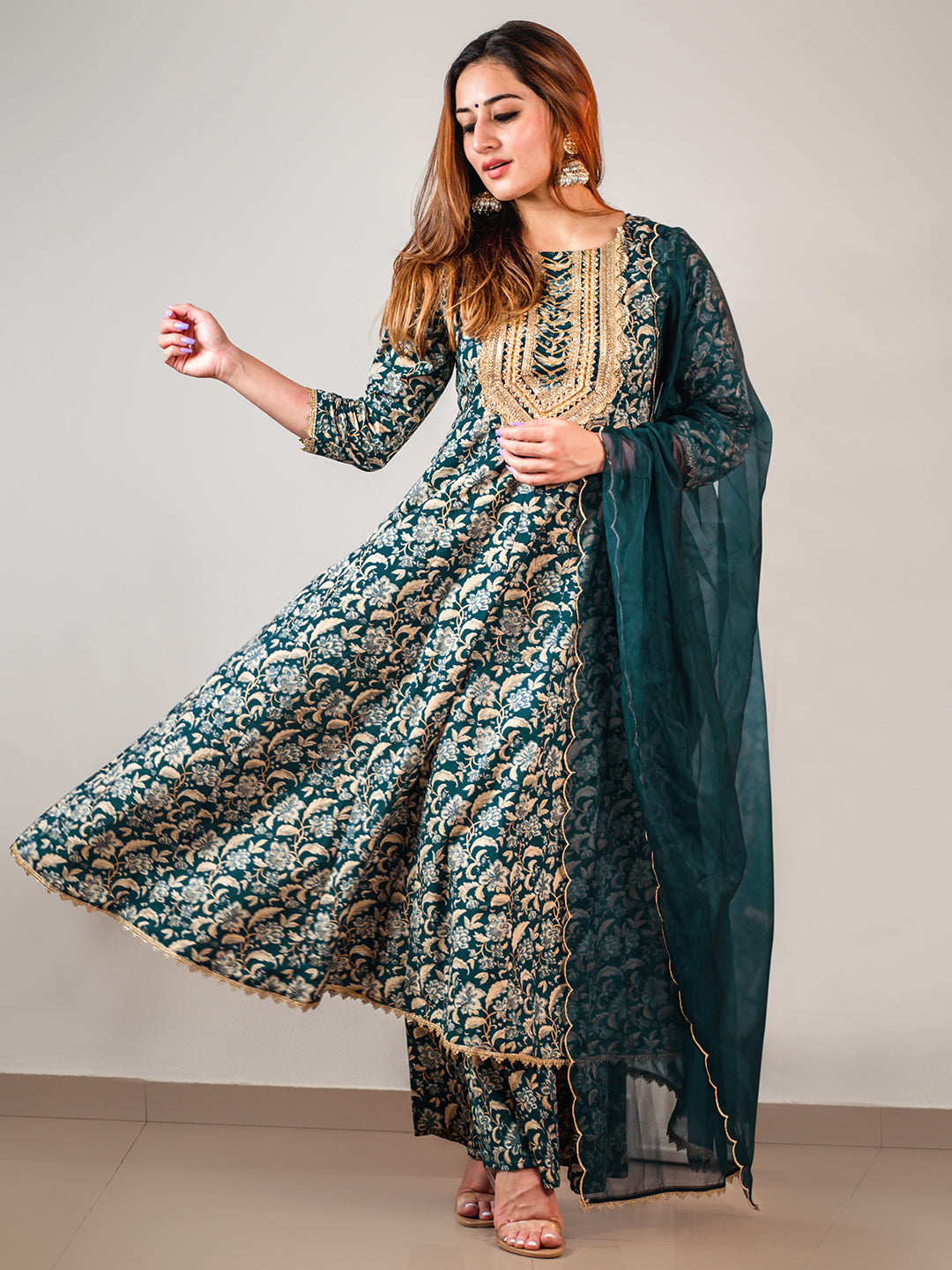 Teal Cotton Foil Floral Printed Kurta with Palazzo and Dupatta ...