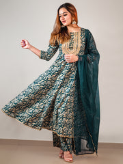 Teal Cotton Foil Floral Printed Kurta with Palazzo and Dupatta