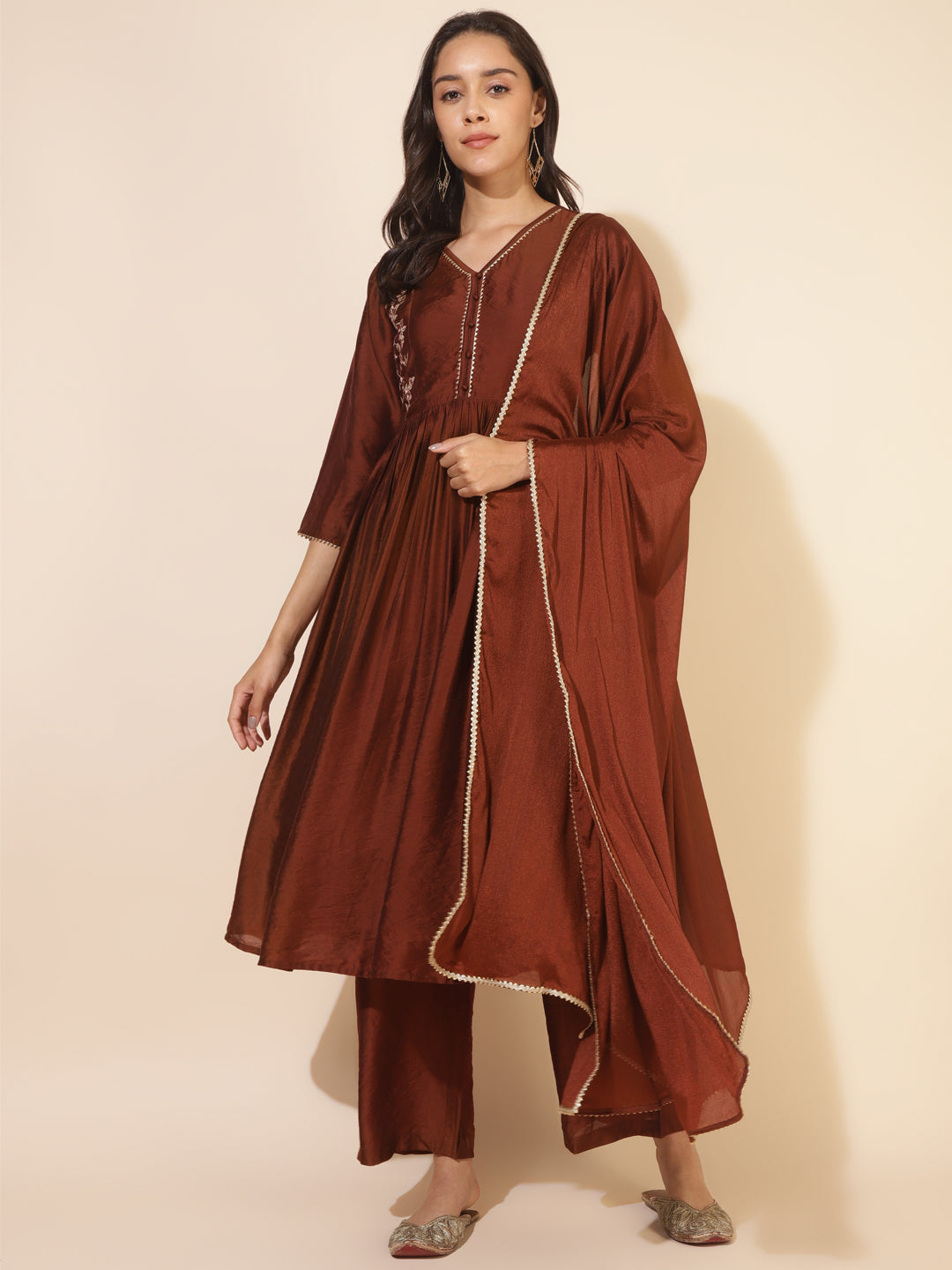 Brown Chanderi Embellished Kurta Palazzo Set