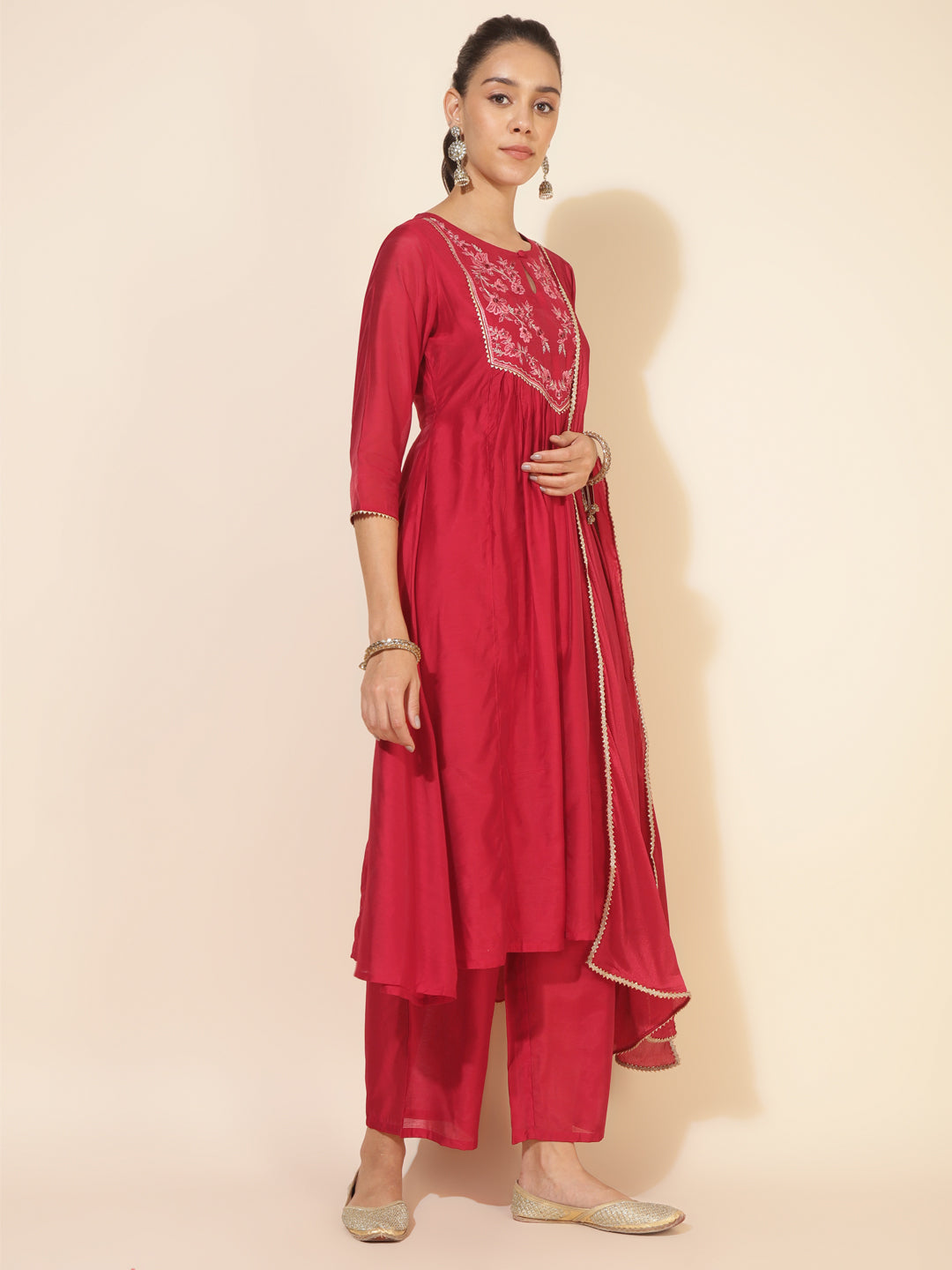 Red Chanderi Embellished Kurta with Palazzo and Dupatta