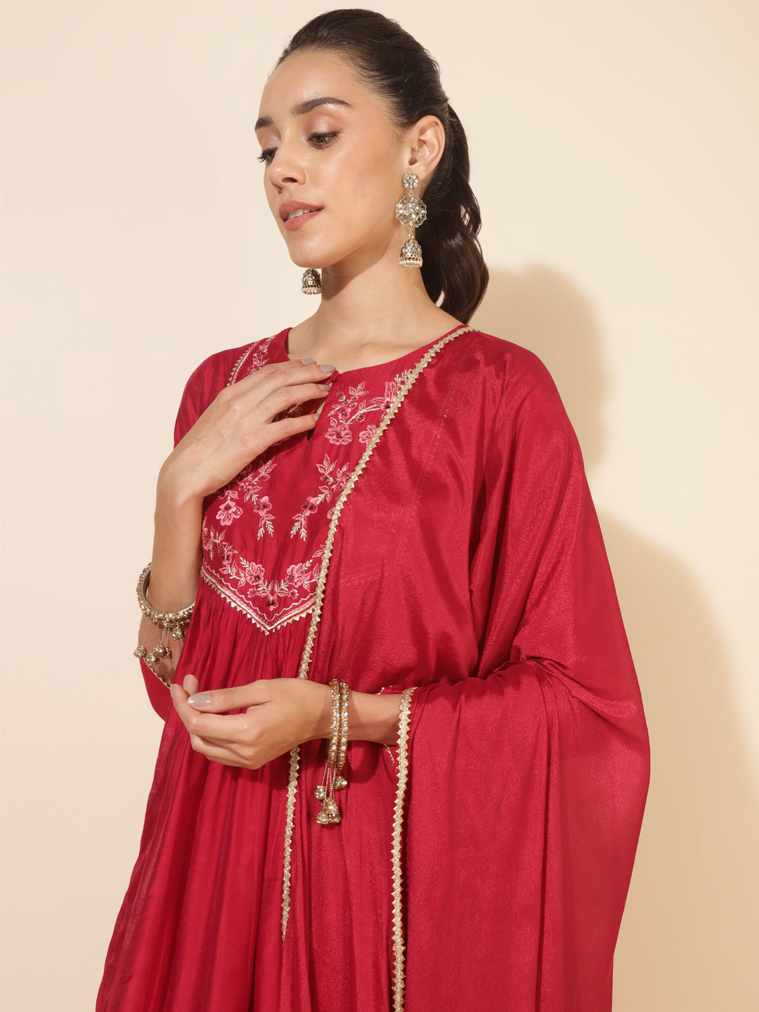 Red Chanderi Embellished Kurta with Palazzo and Dupatta