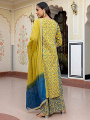 Lime Green Cotton Embellished Ethnic Printed Kurta with Flared Palazzo and Dupatta