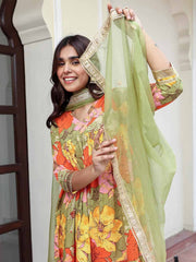Multicolor Cotton Floral Printed Kurta with Palazzo and Dupatta