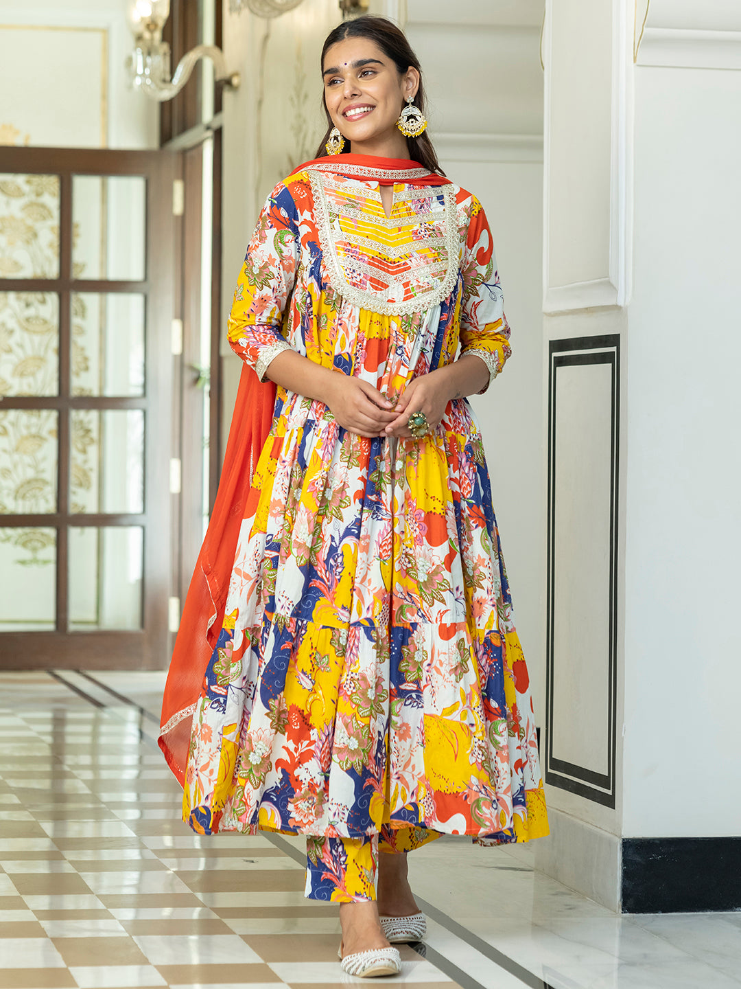 Multicolor Cotton Embellished Floral Printed Kurta Pant Set