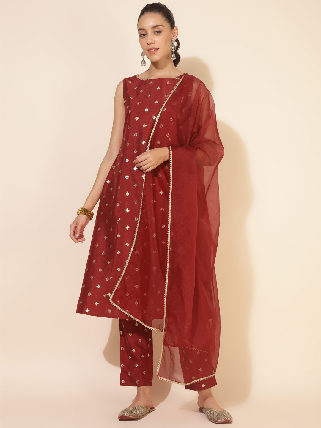 Maroon Silk Blend Foil Printed A-Line Kurta Set