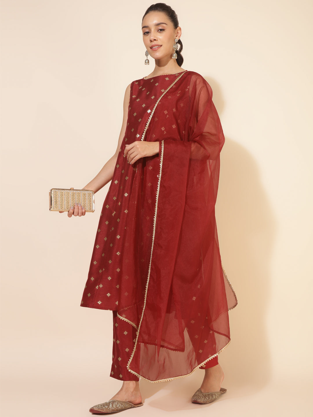 Maroon Silk Blend Foil Printed A-Line Kurta Set