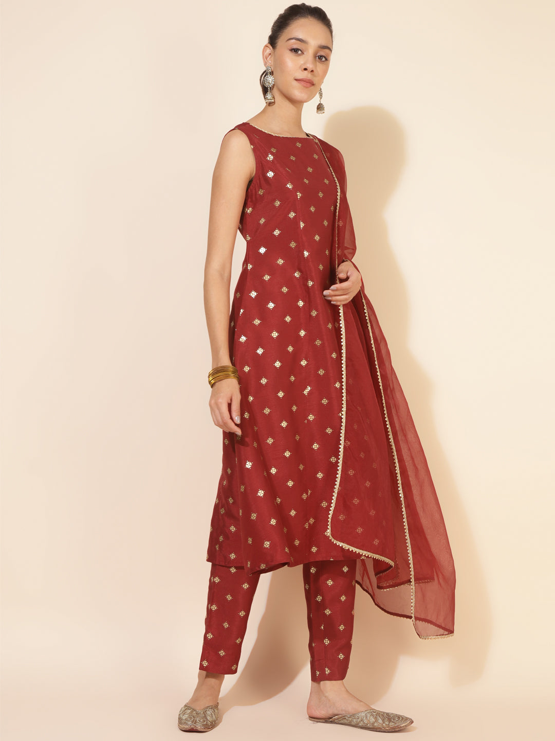 Maroon Silk Blend Foil Printed A-Line Kurta Set