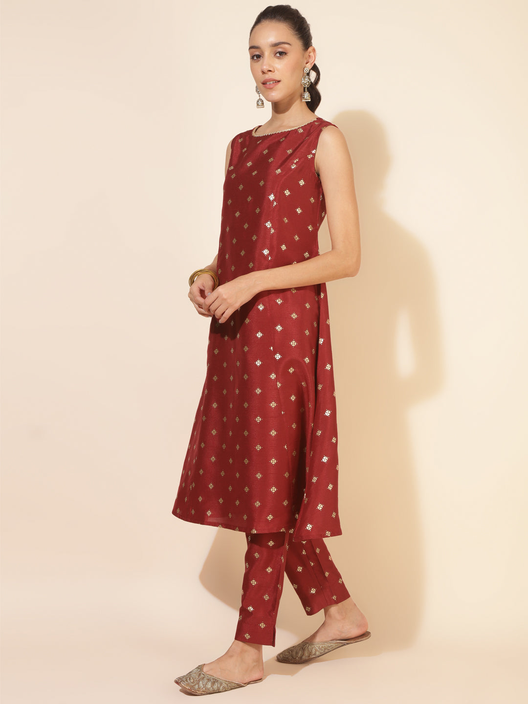 Maroon Silk Blend Foil Printed A-Line Kurta Set