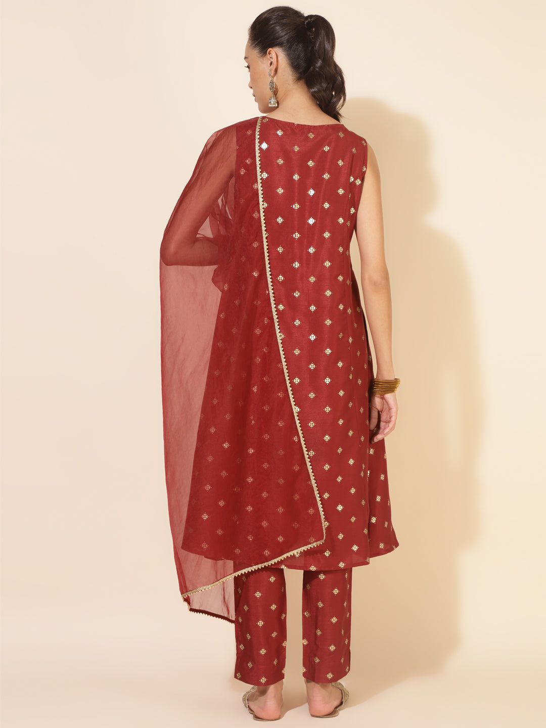 Maroon Silk Blend Foil Printed A-Line Kurta Set